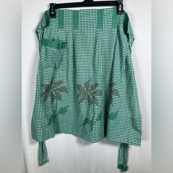Handmade Other - Vintage Handmade Green Gingham Kitchen Waist Apron with Stitched Poinsettias